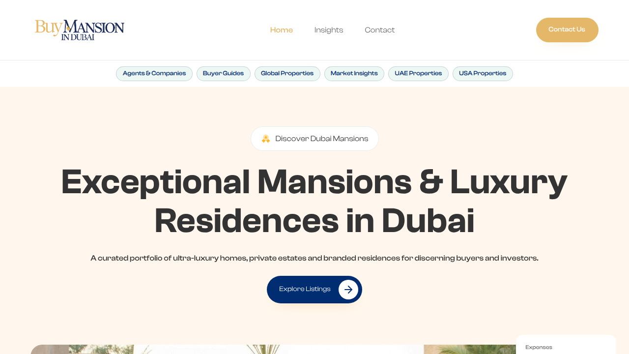 A screenshot of Buymansionindubai.com, a platform for tracking Dubai luxury real estate trends and listings.