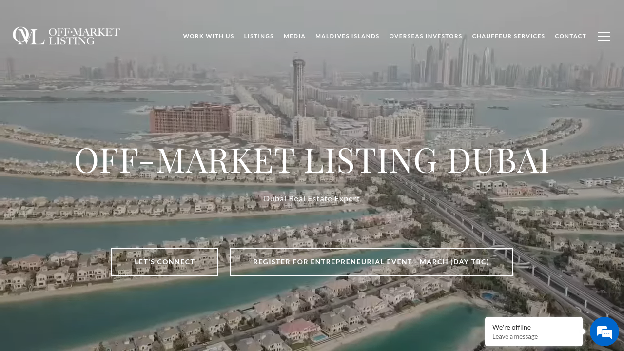 A screenshot of Off-Market Listing Dubai, a platform connecting buyers with exclusive luxury properties.