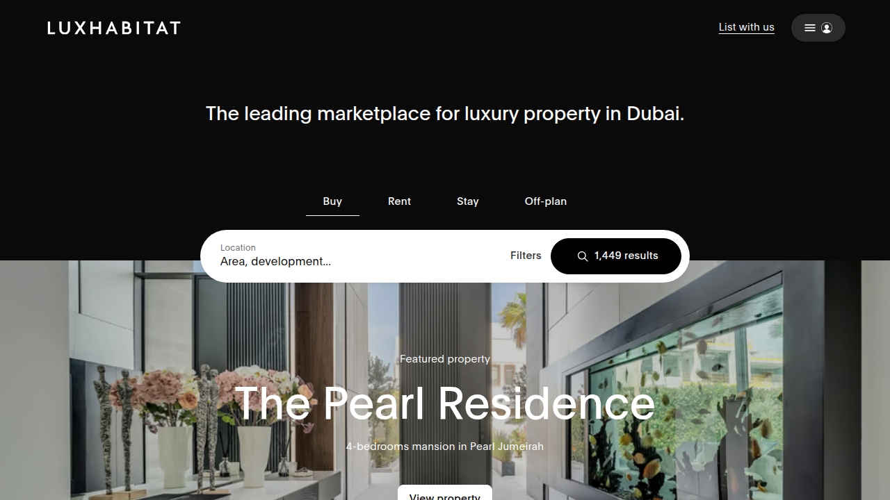Homepage screenshot of Luxhabitat.ae, showcasing a leading luxury real estate brokerage in Dubai.
