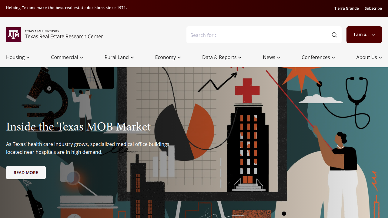 Screenshot of the Texas A&M Real Estate Research Center homepage, a trusted source for market data and reports on the Texas property market.