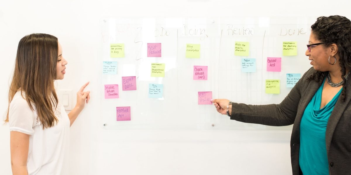 A team collaborating around a whiteboard, planning steps for a complex project.
