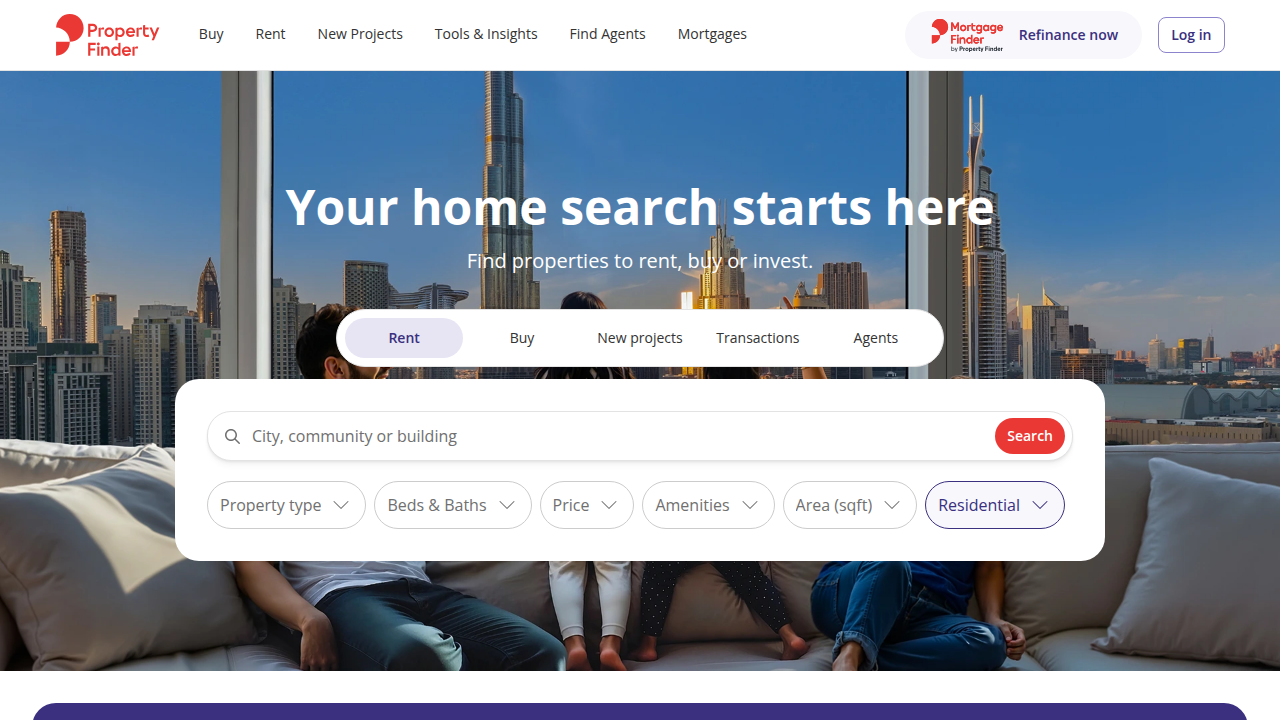 A screenshot of Property Finder UAE, one of the leading public real estate portals in Dubai for general listings.