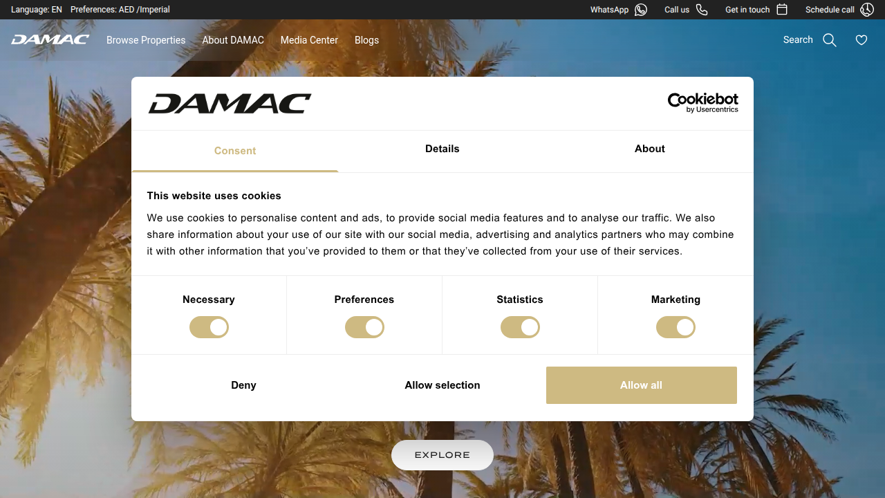 The official website of DAMAC Properties, renowned for its luxury real estate developments in Dubai.