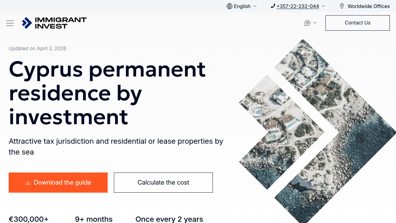 Screenshot of the Imin-Cyprus website, a resource detailing the Cyprus Permanent Residency program.