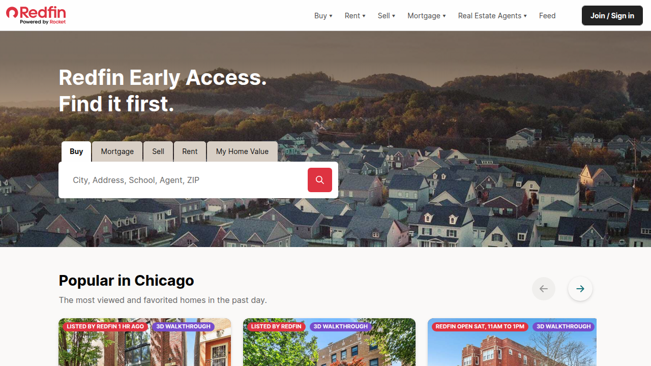 Screenshot of the Redfin homepage, a popular real estate platform for exploring housing market trends and listings.