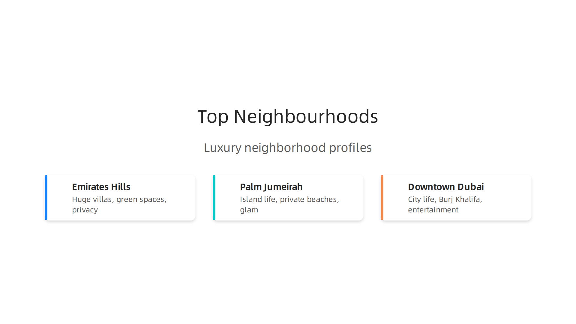 A visual comparison of Dubai's premier luxury neighborhoods: Emirates Hills, Palm Jumeirah, and Downtown Dubai.
