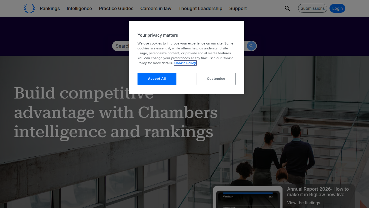 Screenshot of the Chambers and Partners homepage, a resource for legal insights and lawyer rankings.