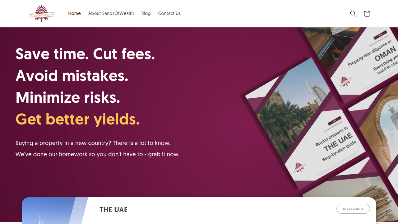 Screenshot of the Sands of Wealth homepage, a resource for property foreign ownership insights in Dubai.