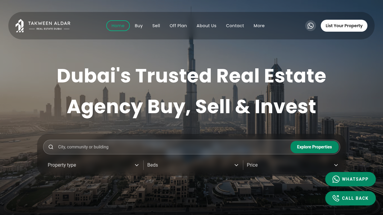Screenshot of Takween Aldar's homepage, a guide for top real estate developers in Dubai.