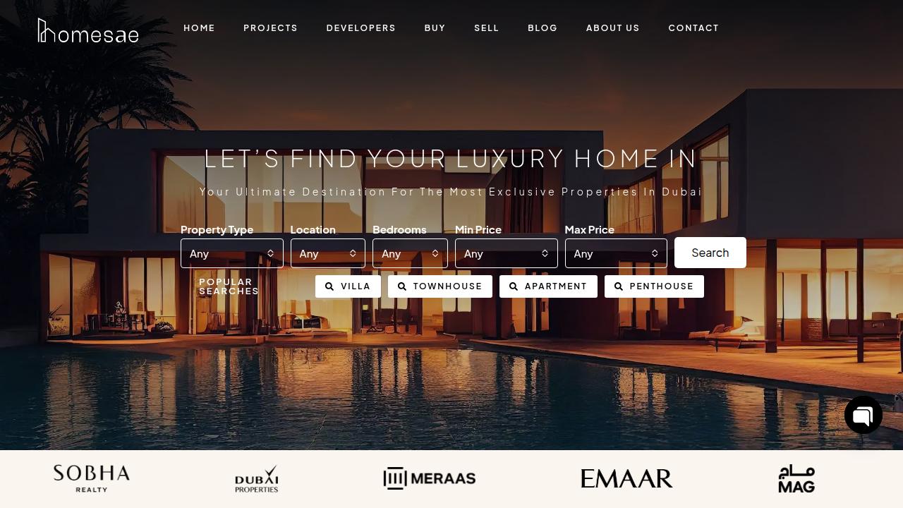 Screenshot of the HomesAE homepage, offering insights and listings for branded residences in Dubai.