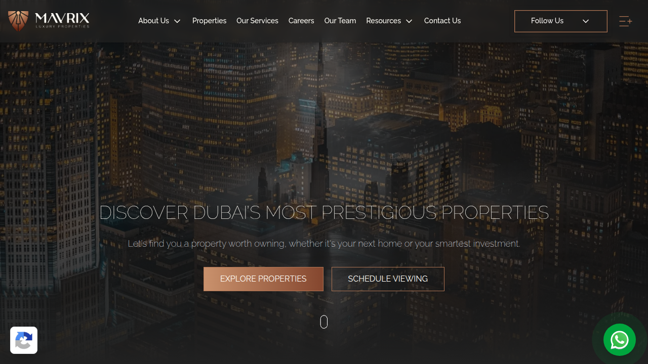 Snapshot of Mavrix Properties' website, a key source for Dubai's luxury real estate market reports.