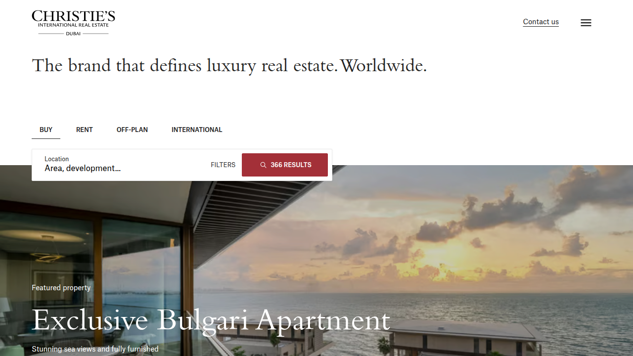 The official homepage for Christie's International Real Estate in Dubai, showcasing their luxury property listings and services.